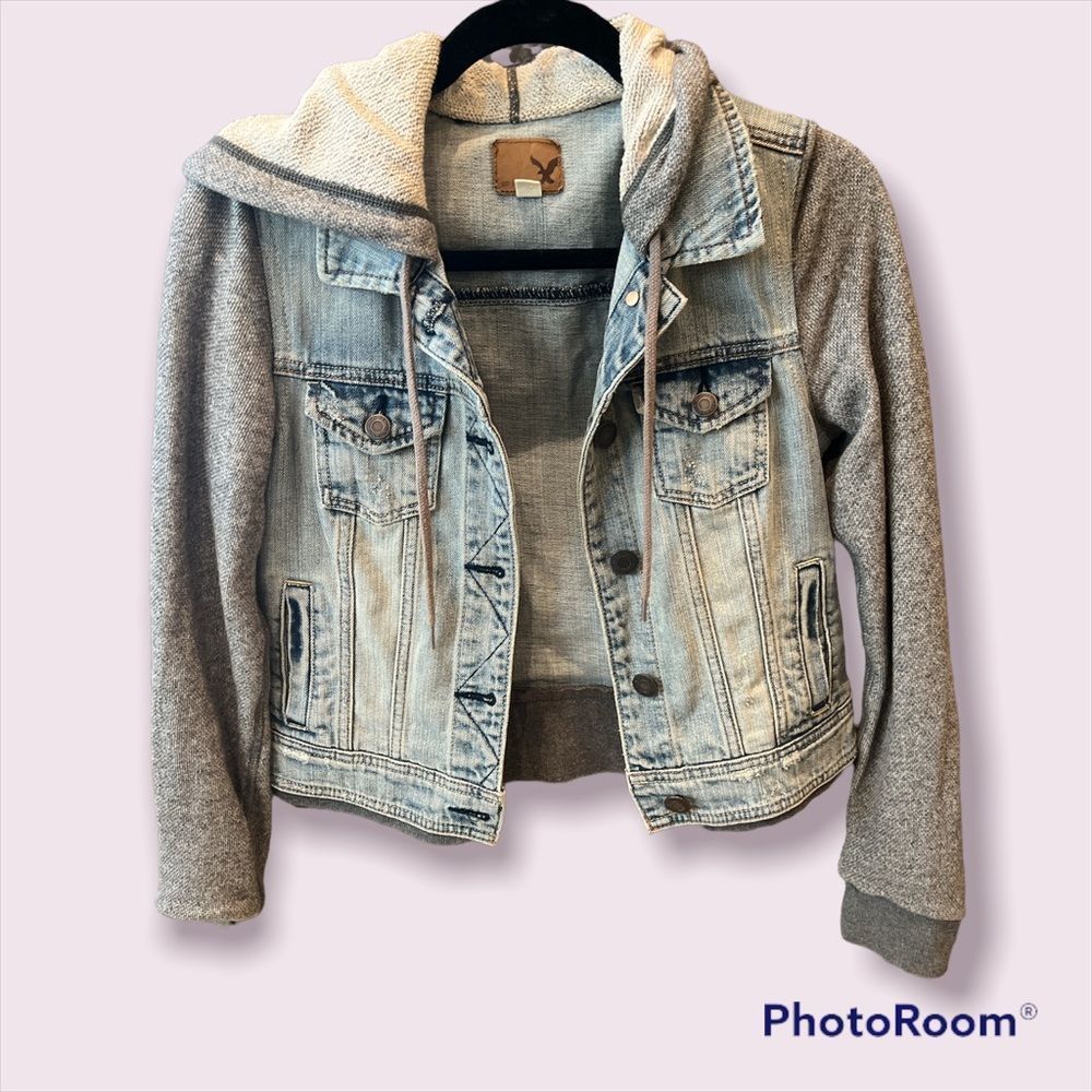 American Eagle Jean Jacket Hoodie Hybrid Size S Gray Denim Sweatshirt Sleeves